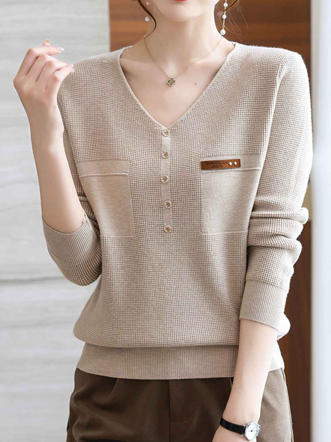 Zoey Loose V-Neck Buttons Pullover Knitted Sweater