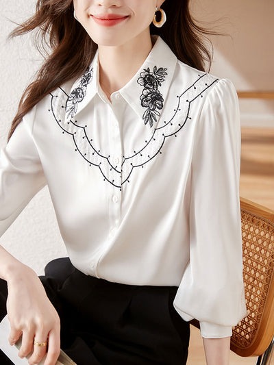 Paige Classic Embroidered Doll Collar Puff Sleeve Shirt