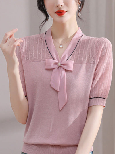 Ava Classic V-Neck Bow Ice Silk Knitted Top