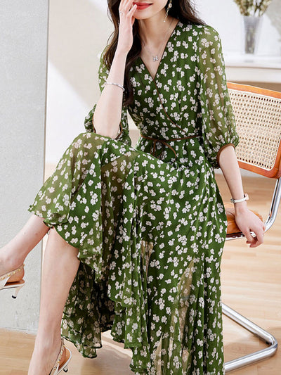 Molly Retro Floral Wrap Waisted Dress-Green Long