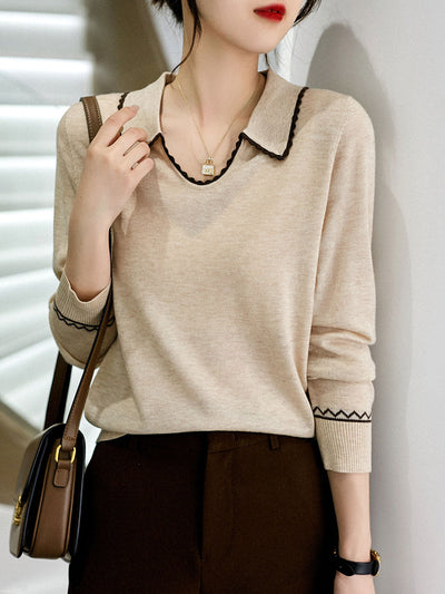 Taylor Classic Contrast Lapel Knitted Sweater-Coffee