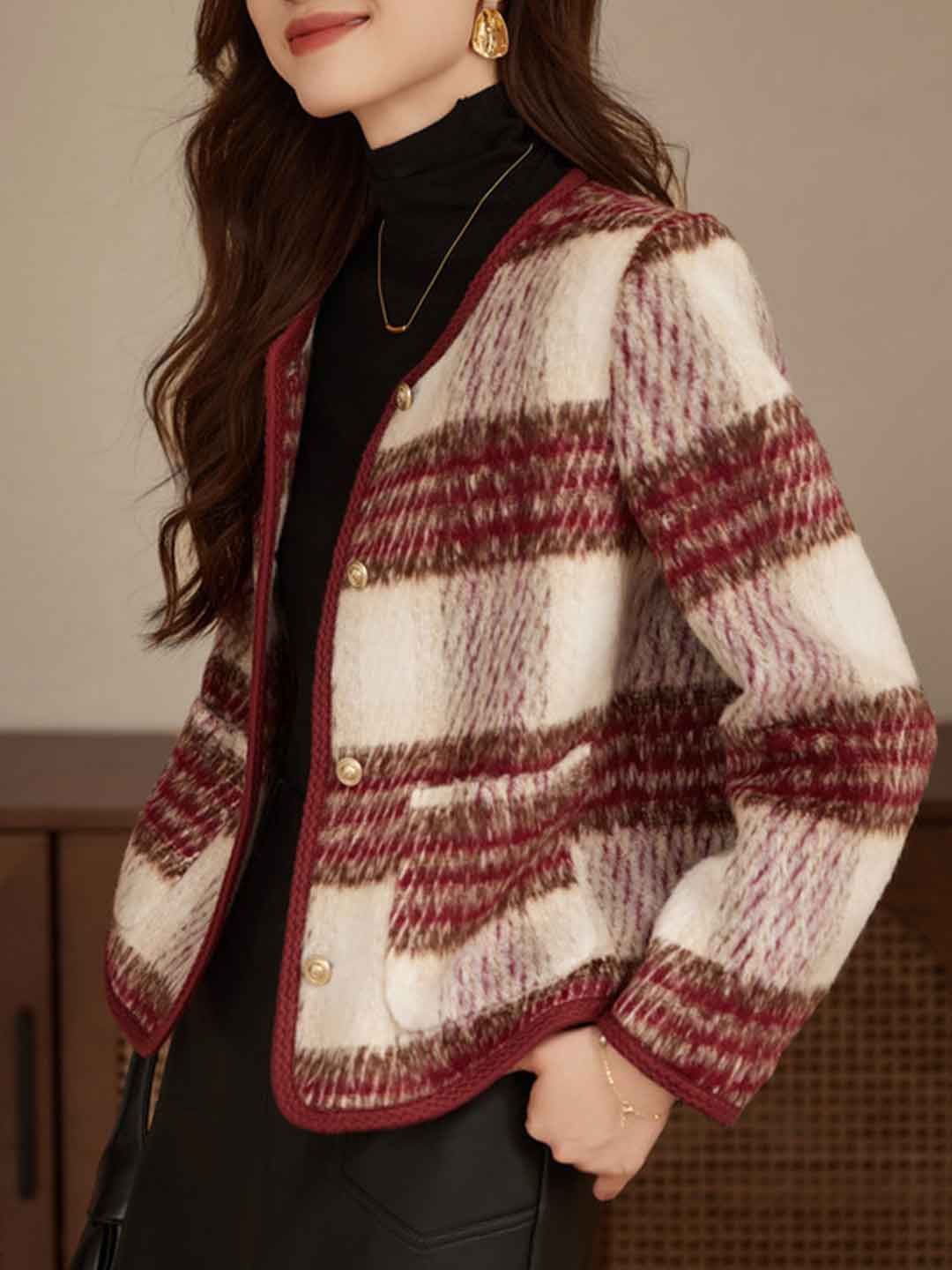 Lily Retro Crew Neck Plaid Tweed Coat