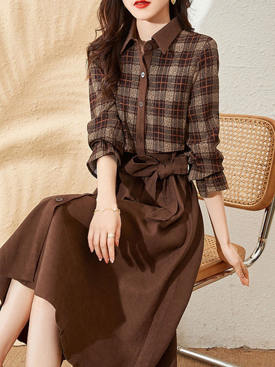 Ava Classic Lapel Plaid Panel Midi Dress