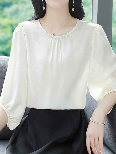Rachel Elegant Crew Neck Beaded Satin Shirt