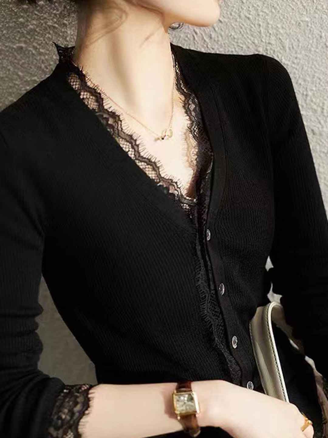 Charlotte Slim V-Neck Lace Knitted Sweater