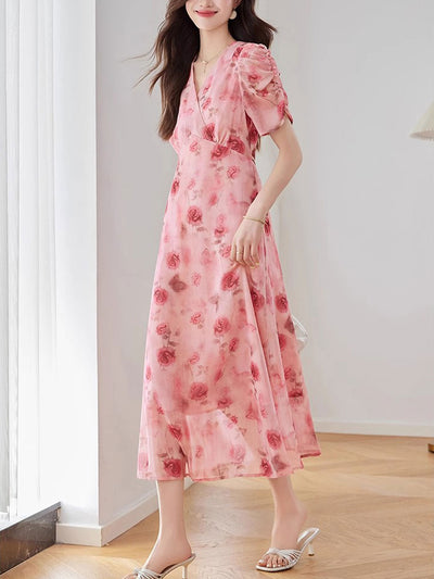 Kaitlyn Elegant V-Neck Printed Tie Dress