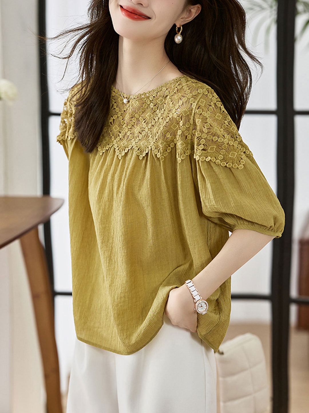 Sophie Loose Chiffon Lace Blouse-Yellow