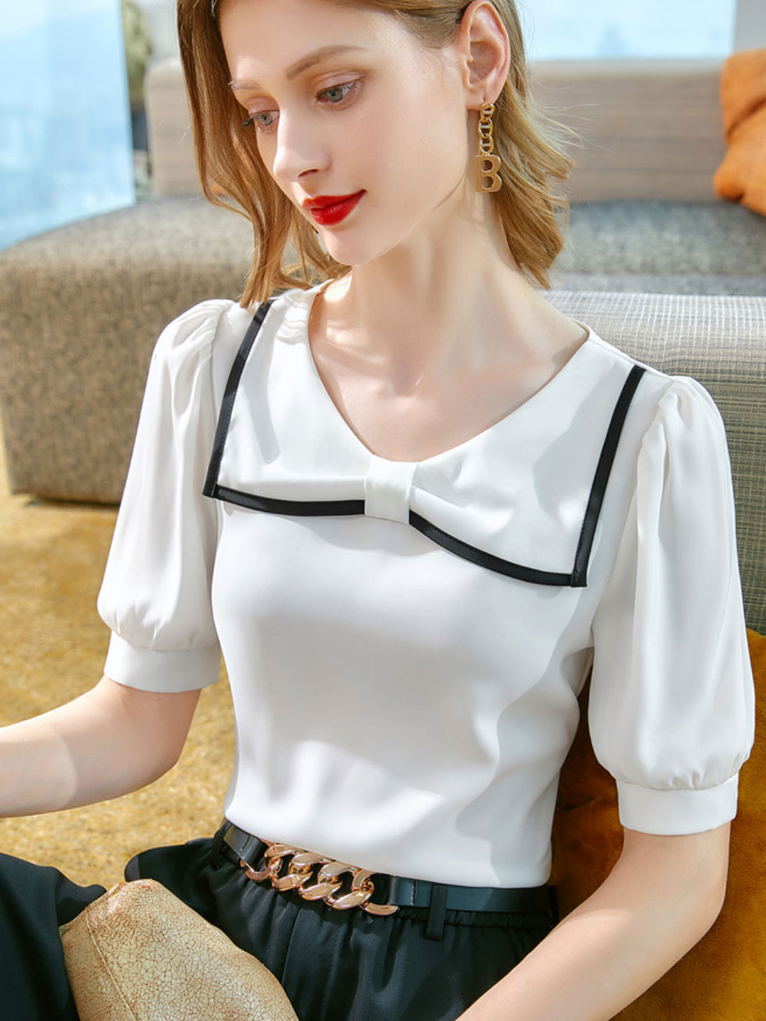 Lauren Retro Contrasted Color Chiffon Shirt