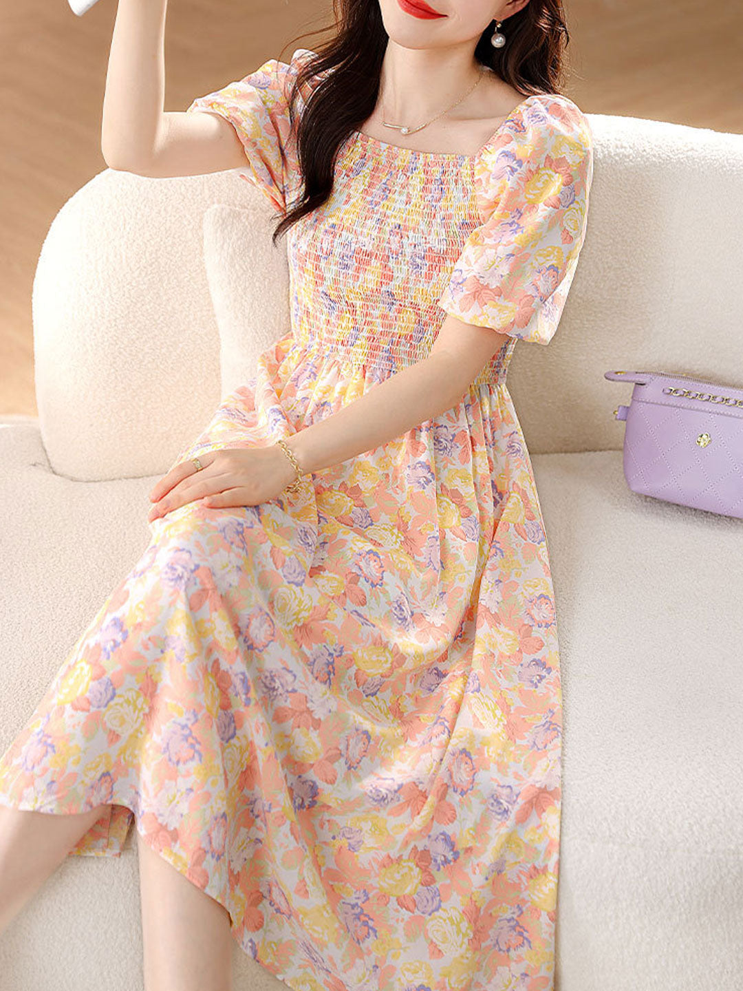 Sophia Retro Puff Sleeve Floral Dress-Pink