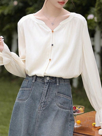 Olivia Loose V-Neck Lantern Sleeve Pleated Textured Top