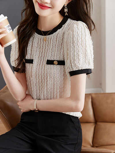 Ariana Retro Crew Neck Puff Sleeve Lace Top