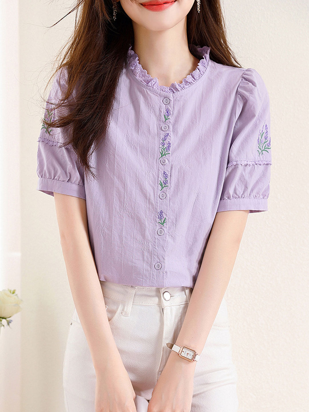 Maria Retro Embroidered  Lace Puff Sleeve Shirt-Purple
