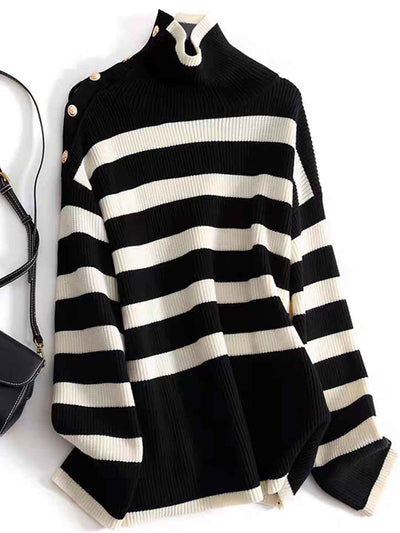 Hailey Turtleneck Buttons Striped Knitted Sweater