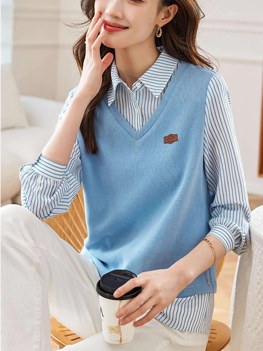 Kayla Classic Patchwork Striped Pullover Shirt