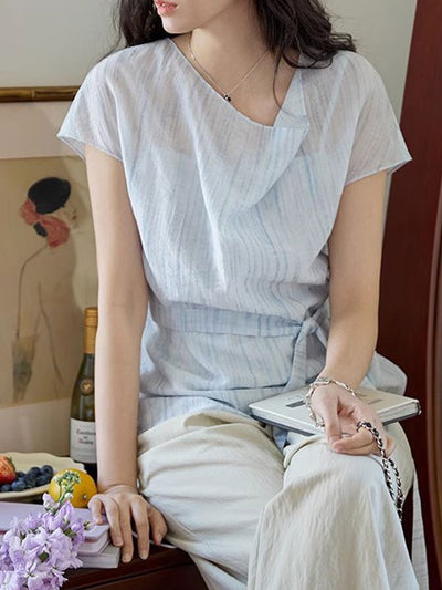 Audrey Retro Swing Collar Printed Tie Waist Top