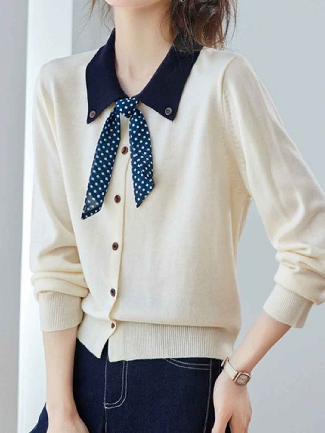 Bella Cute Doll Collar Bow Knitted Top