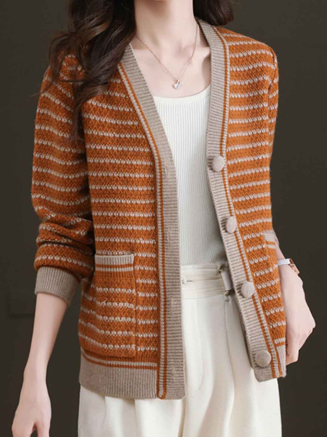 Aaliyah Casual Crew Neck Striped Knitted Cardigan