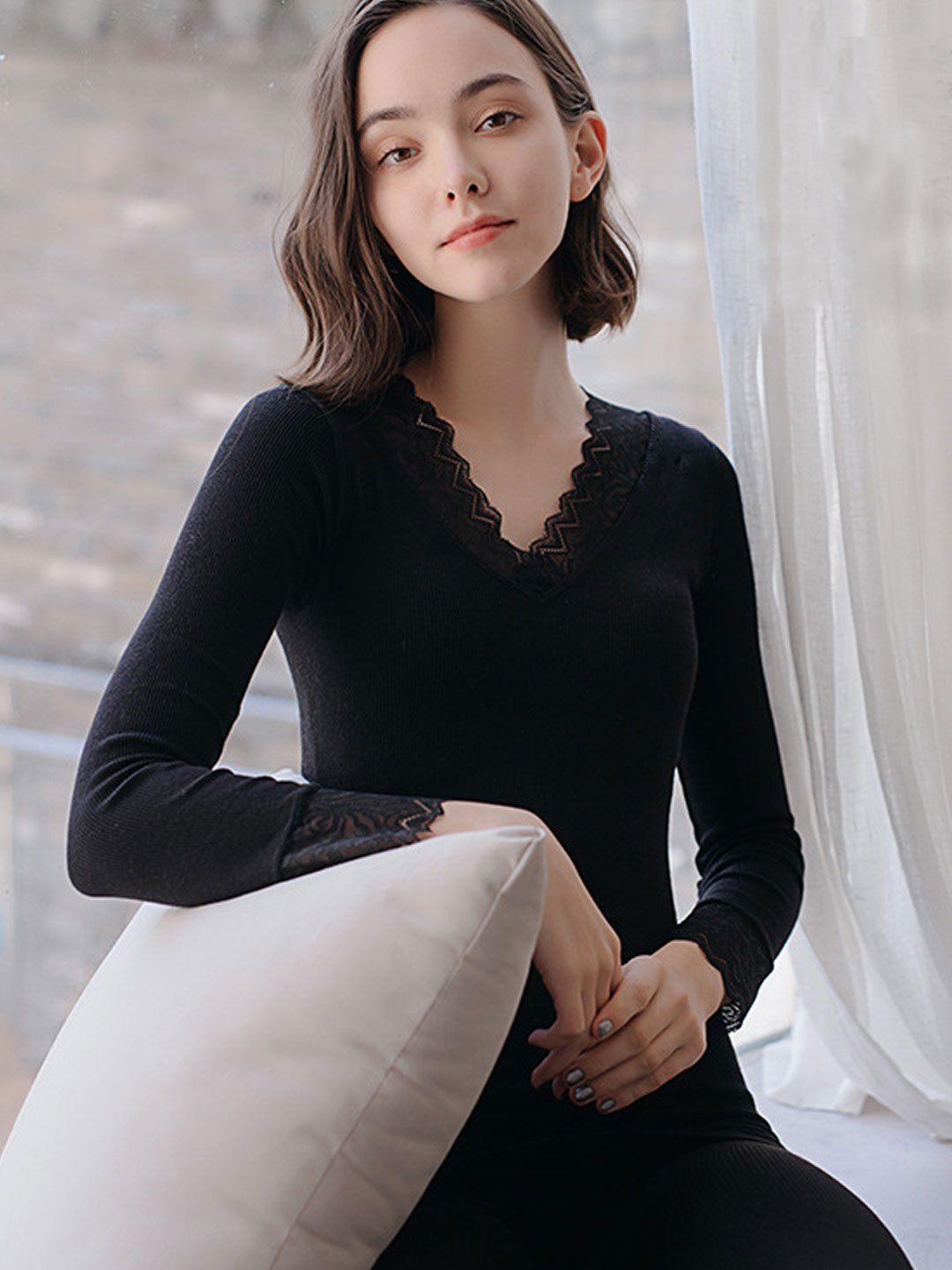 2pcs Women'S Lace V-Neck Seamless Stretch Thermal Underwear Set