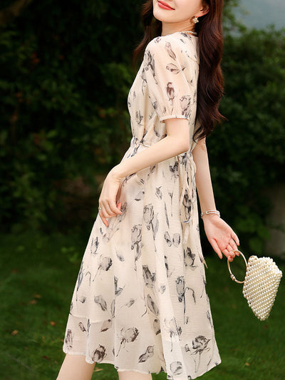 Ava Elegant V-neck Puff Sleeve Floral Dress