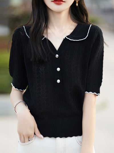 Ava Loose Polo Hollowed Knitted Top