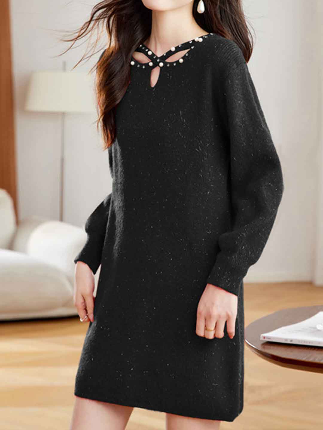 Hannah Elegant Crew Neck Beaded Knitted Sweater Dress