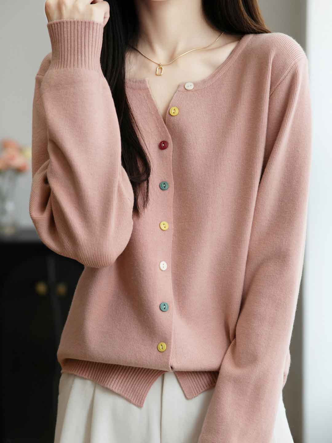 Andrea Classic Crew Neck Colorful Buttons Solid Color Knitted Cardigan