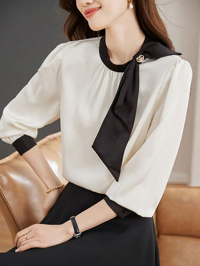 Sophia Classic Bow Color-Block Satin Shirt