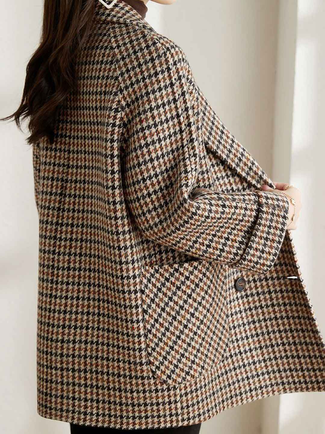 Emily Loose Suit Collar Houndstooth Trench Coat