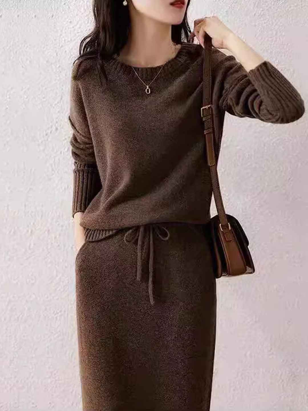 Isabella Elegant Solid Color Drawstring Knitted Dress Set