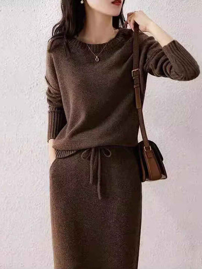 Isabella Elegant Solid Color Drawstring Knitted Dress Set
