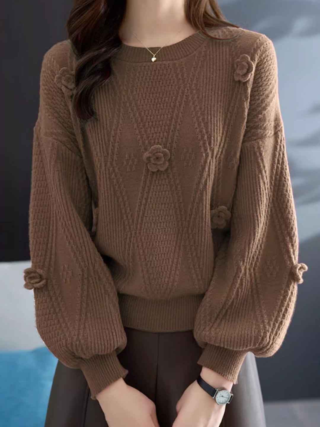 Brianna Loose Crew Neck Lantern Sleeve Floral Knitted Top