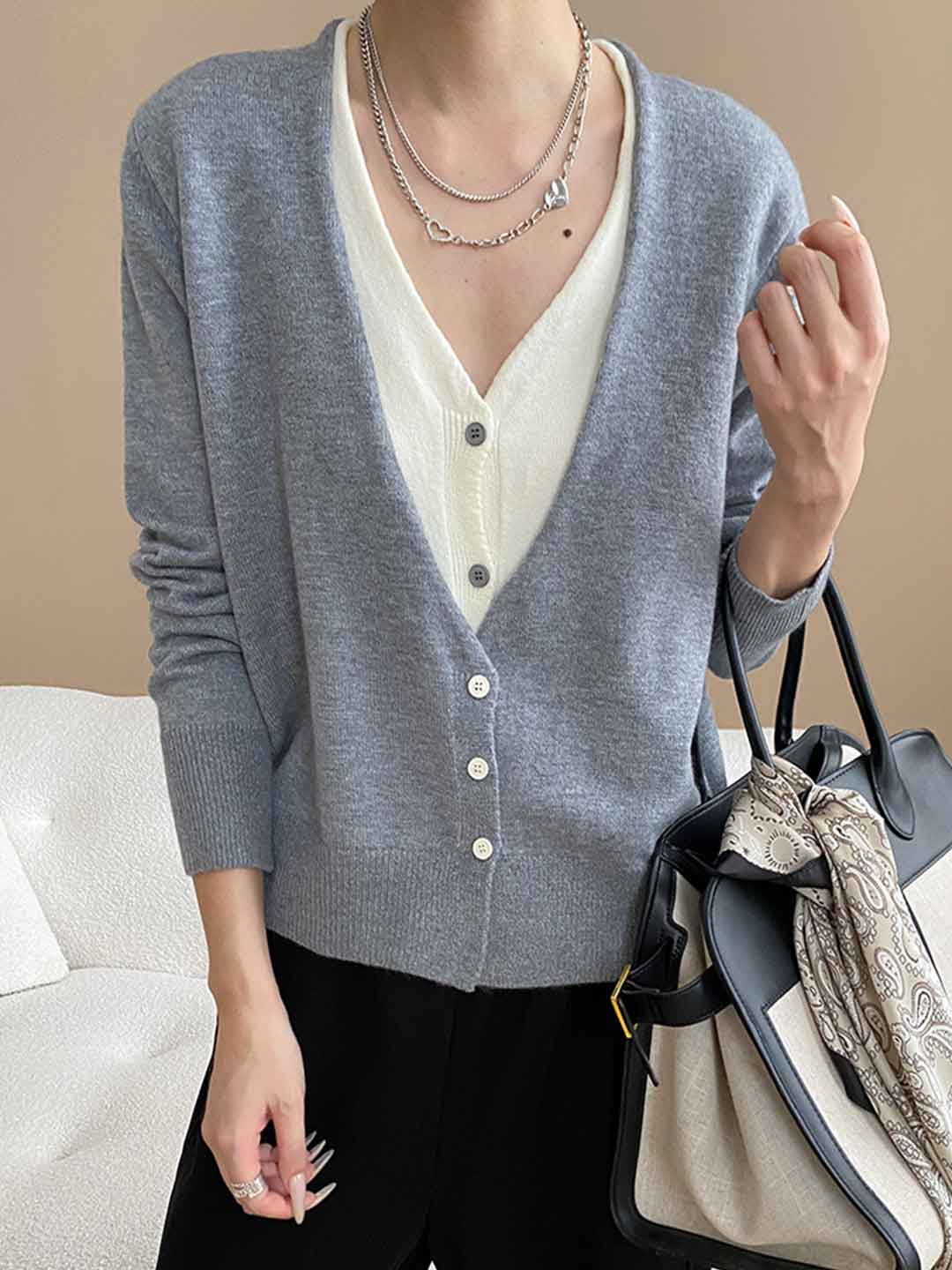 Gianna Classic V-Neck Contrast Mock Two-Piece Knitted Top