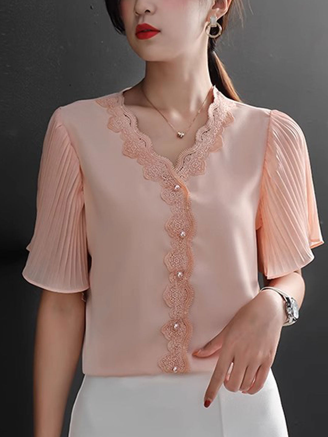 Elizabeth Classic V-Neck Lace Chiffon Top