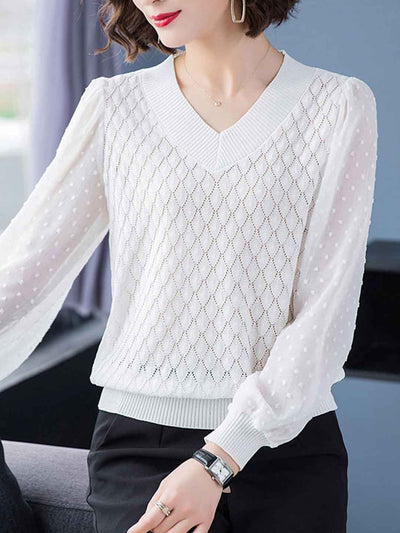 Taylor Classic V-Neck Sheer Sleeve Solid Color Top