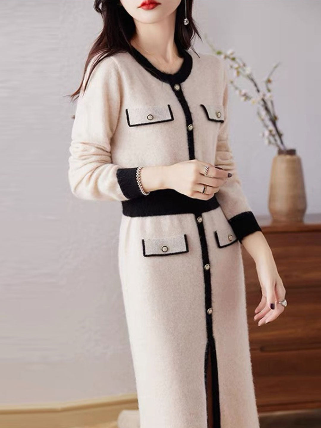 Paige Elegant Buttoned Contrast Knitted Dress