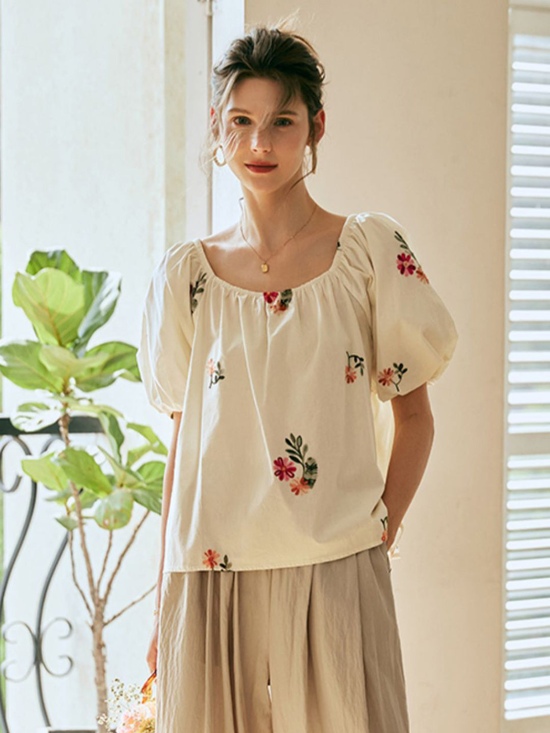 Gianna Classic Square Neck Embroidered Top