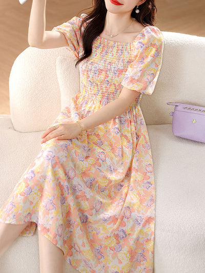 Sophia Retro Puff Sleeve Floral Dress-Green