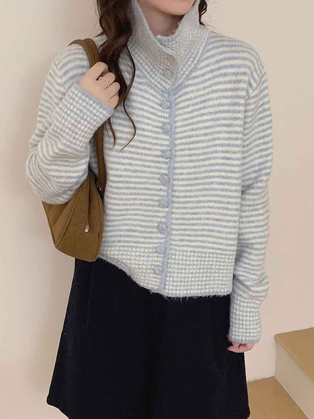 Ava Simple Lapel Striped Knitted Cardigan