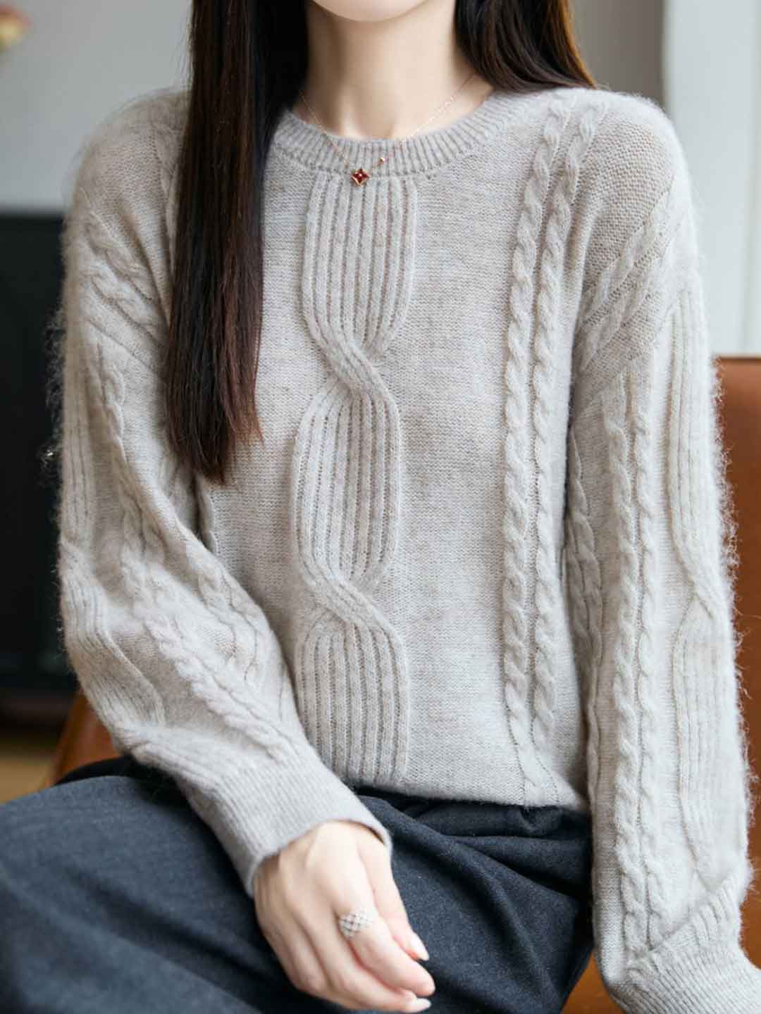 Ariana Casual Crew Neck Cable Knitted Pullover Sweater-Blue