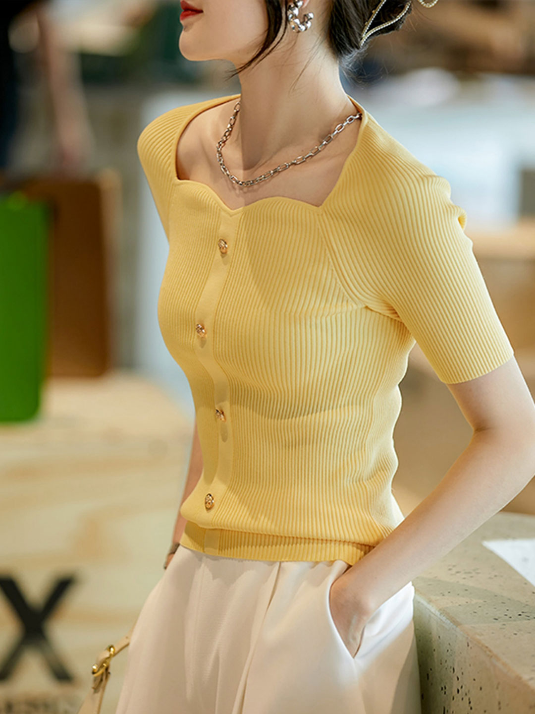 Ava Elegant Square-Neck Button Knitted Cardigan-Yellow