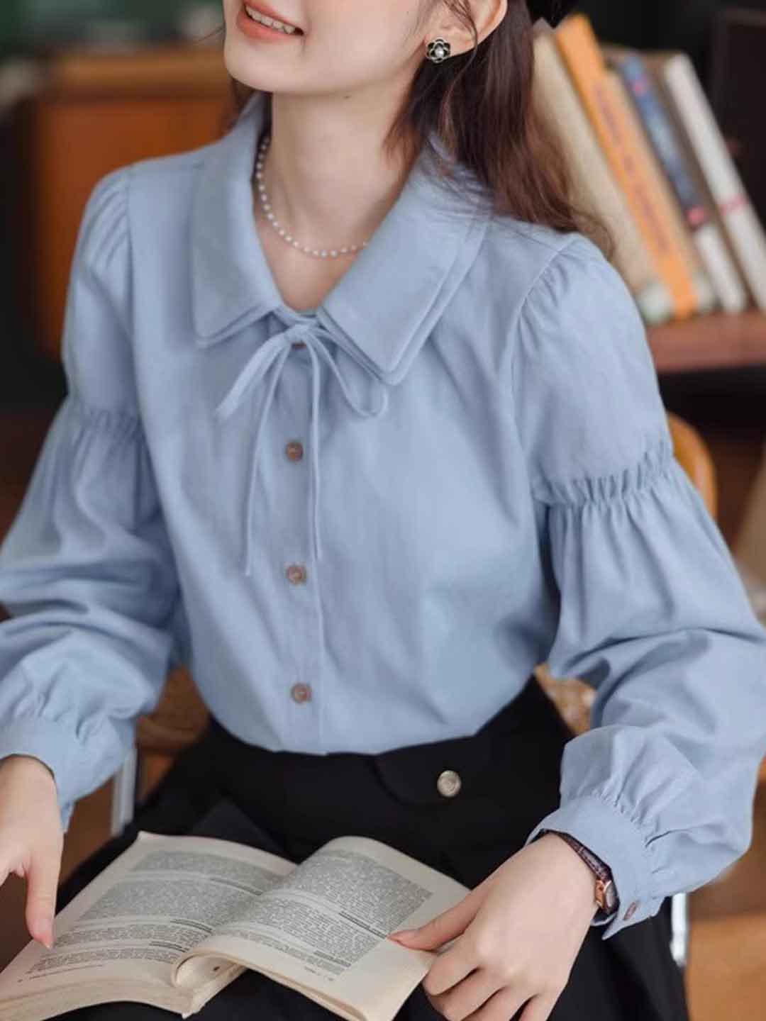 Hannah Classic Double Collar Tie Puff Sleeve Shirt