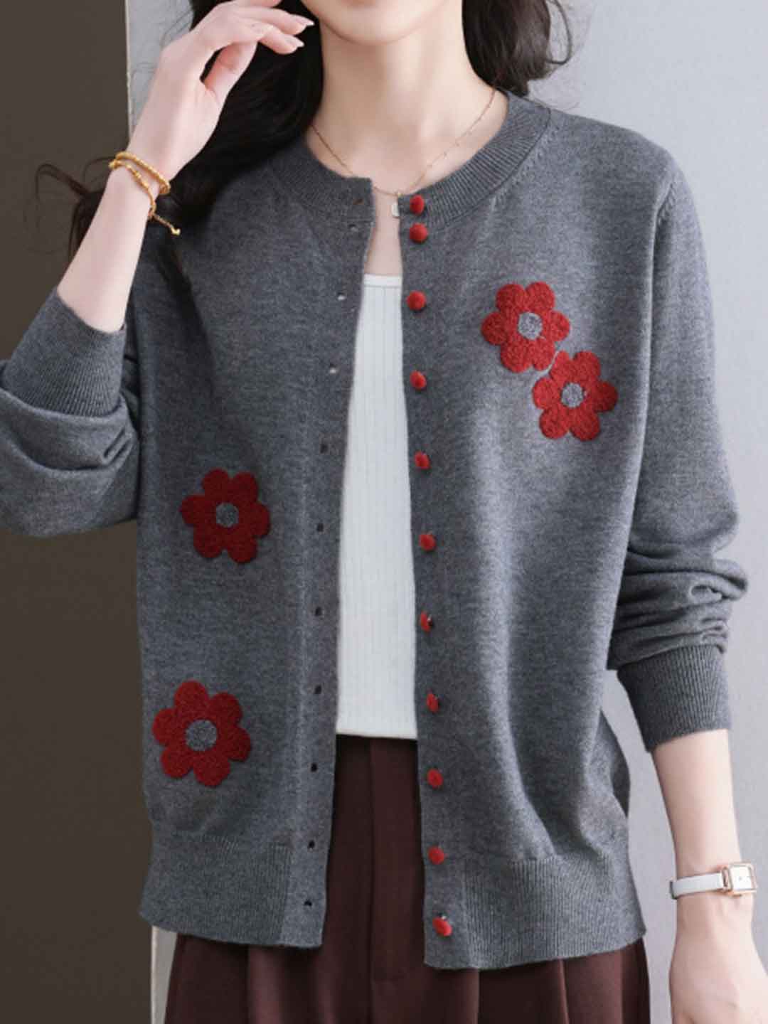 Destiny Daily Crew Neck Embroidered Knitted Cardigan