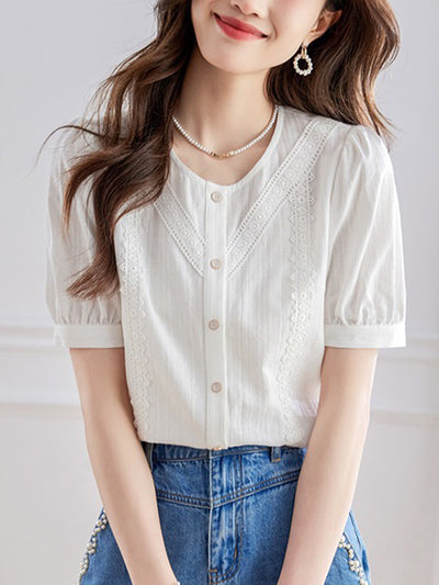 Julia Retro Spliced Puff Sleeve Blouse