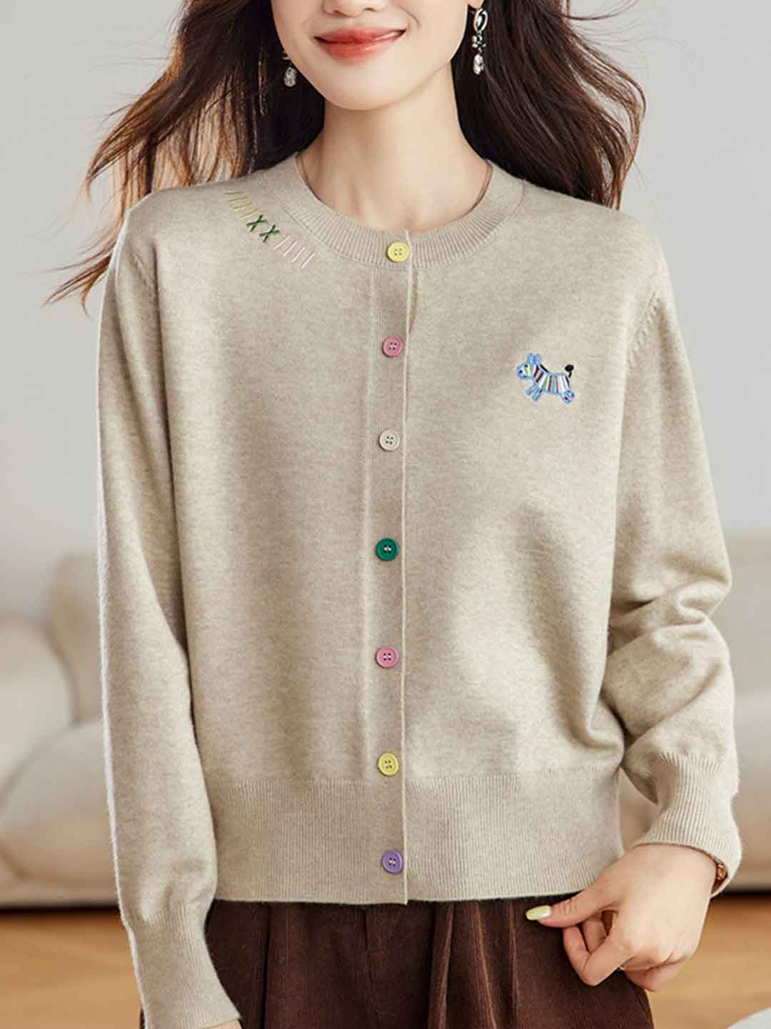Camila Loose Embroidered Colorful Buttons Knitted Cardigan