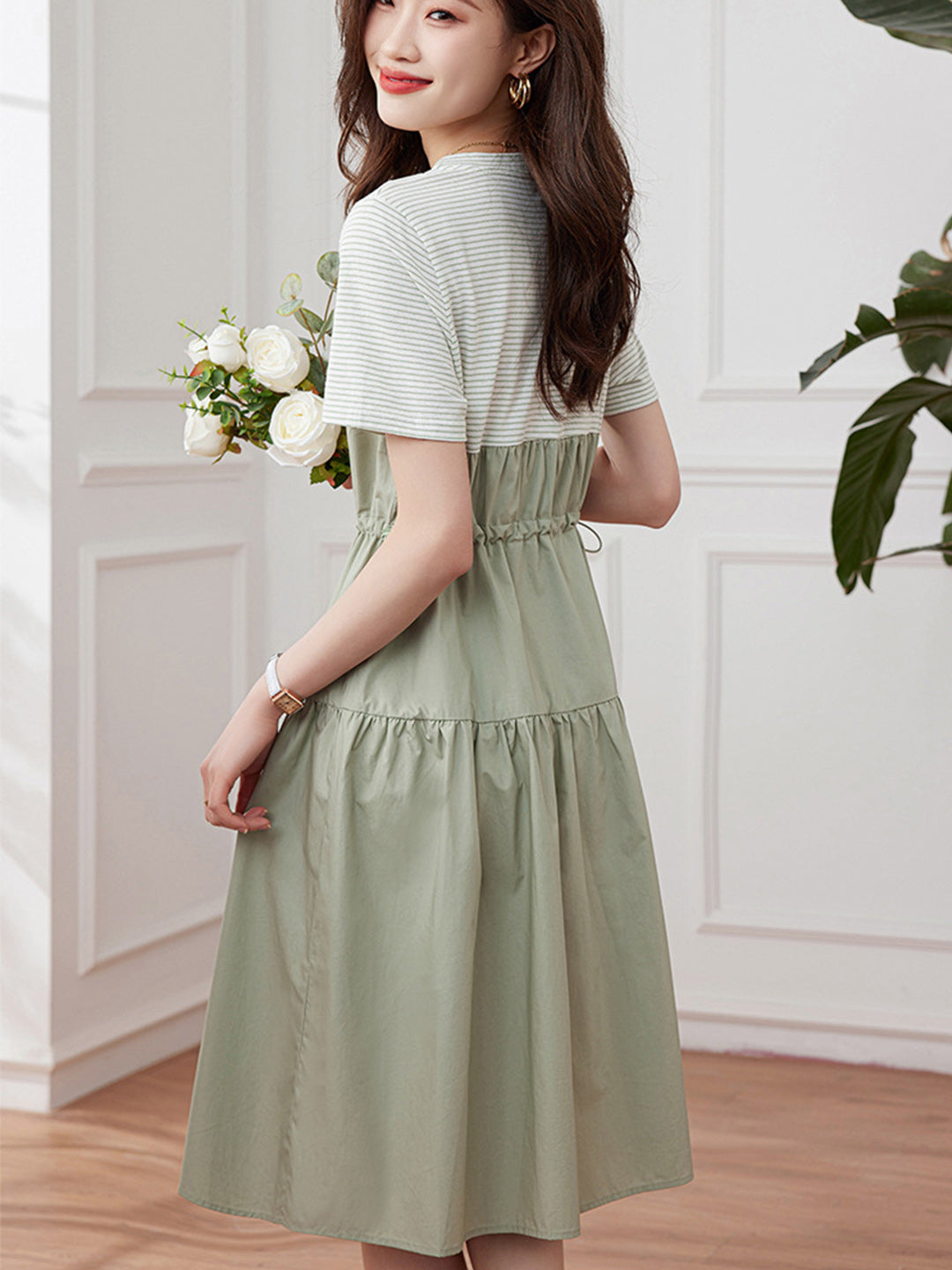 Audrey Elegant Color Block Irregular Dress-Green