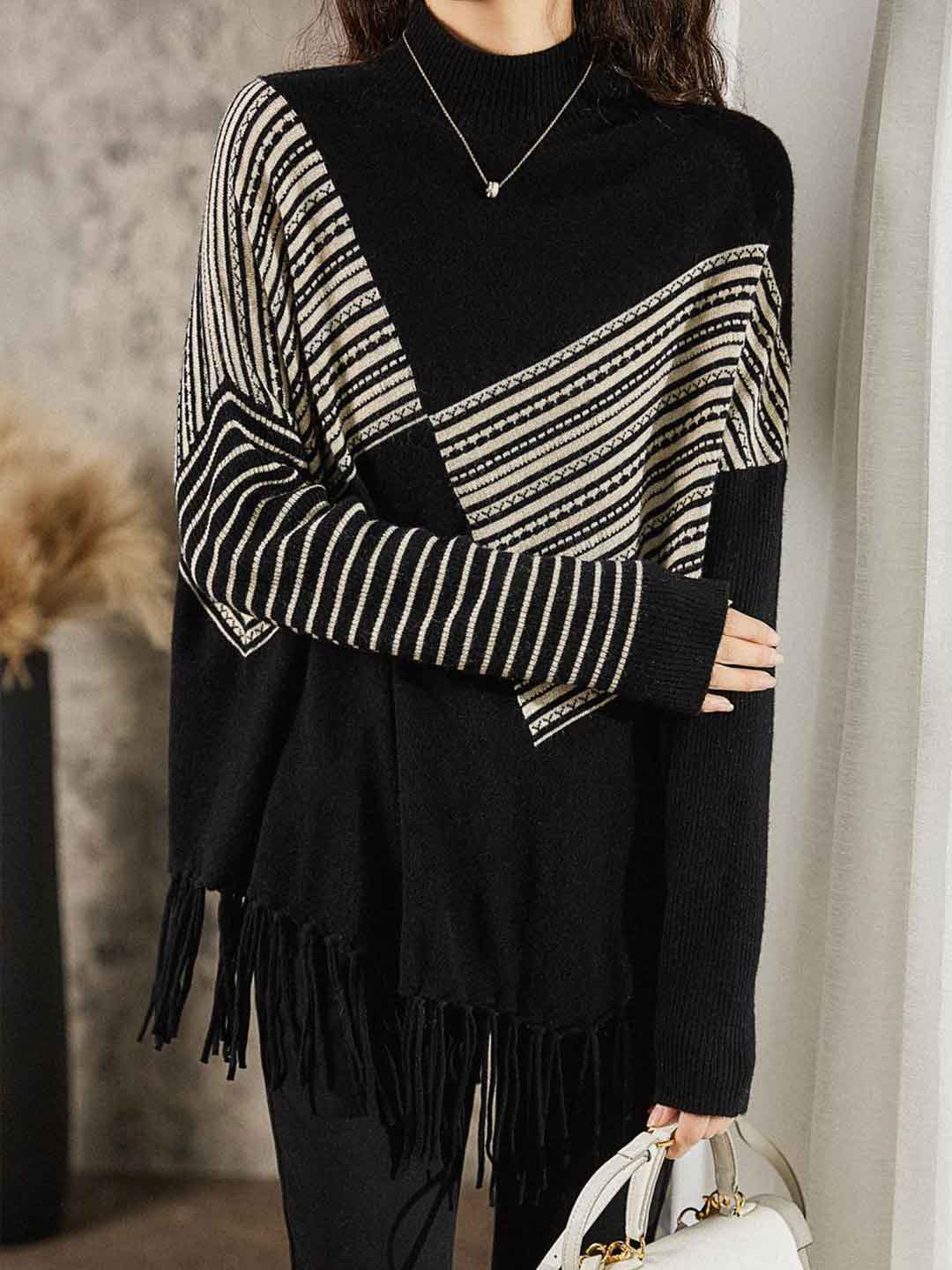 Maya Casual Bat Sleeve Turtleneck Irregular Tassel Pullover