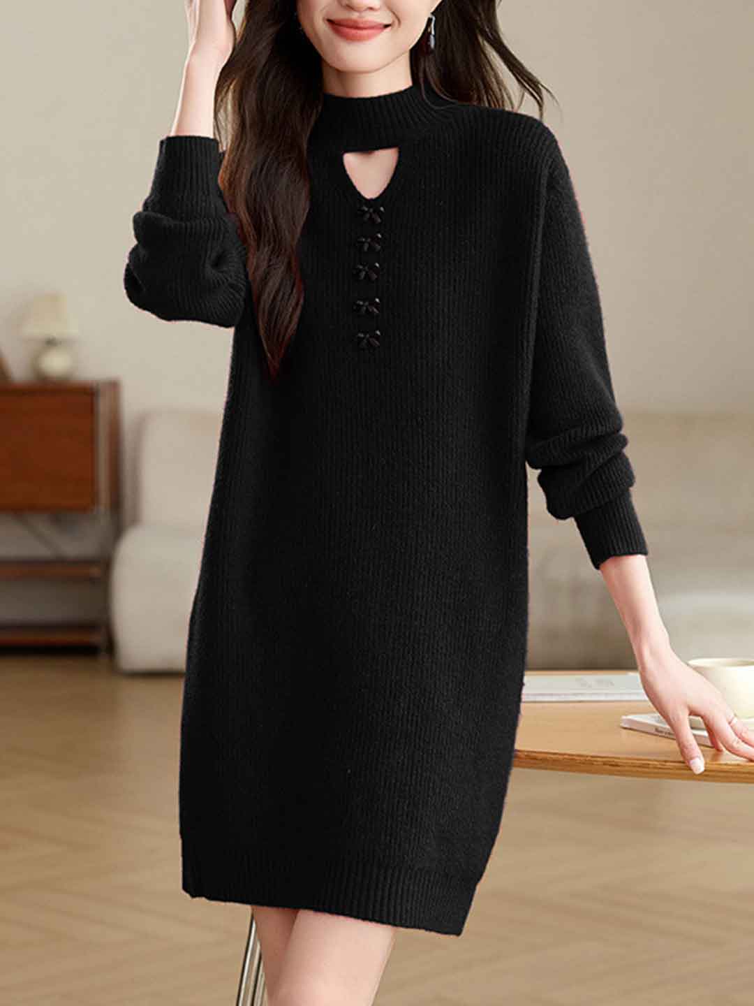 Bella Retro Turtleneck Solid Color Knitted Sweater Dress