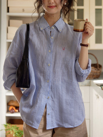 Olivia Loose Polo Striped Embroidered Shirt