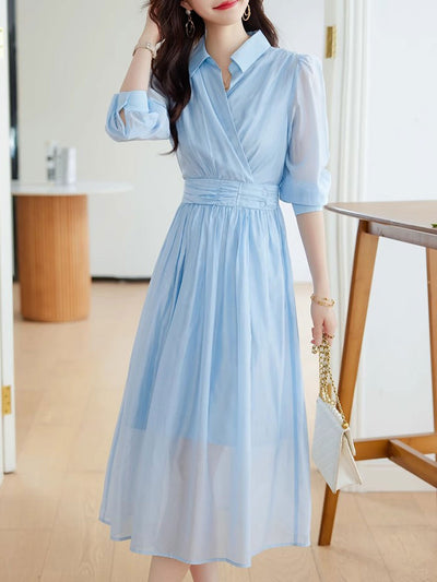 Kayla Retro Puff Sleeve Chiffon Dress-Blue