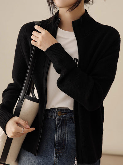Emily Loose Zipper Solid Color Knitted Cardigan